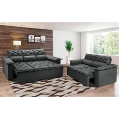 Conjunto de Sofá 3 e 2 Lugares Retrátil e Reclinável Cama inBox Compact 2,00x1,50m Velusoft Cinza