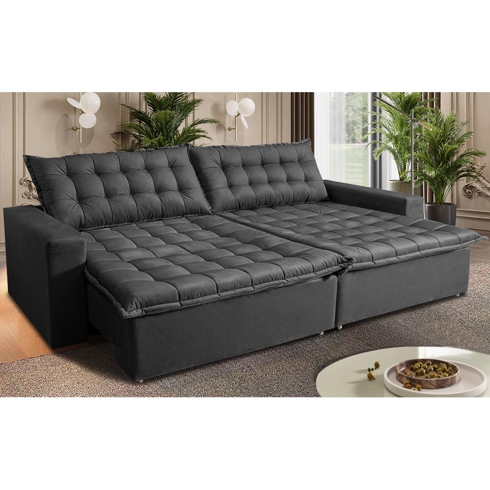 Sofá Sem Caixa Retrátil Reclinável 2,95m Cama inBox França Velusoft Cinza - Home & Living