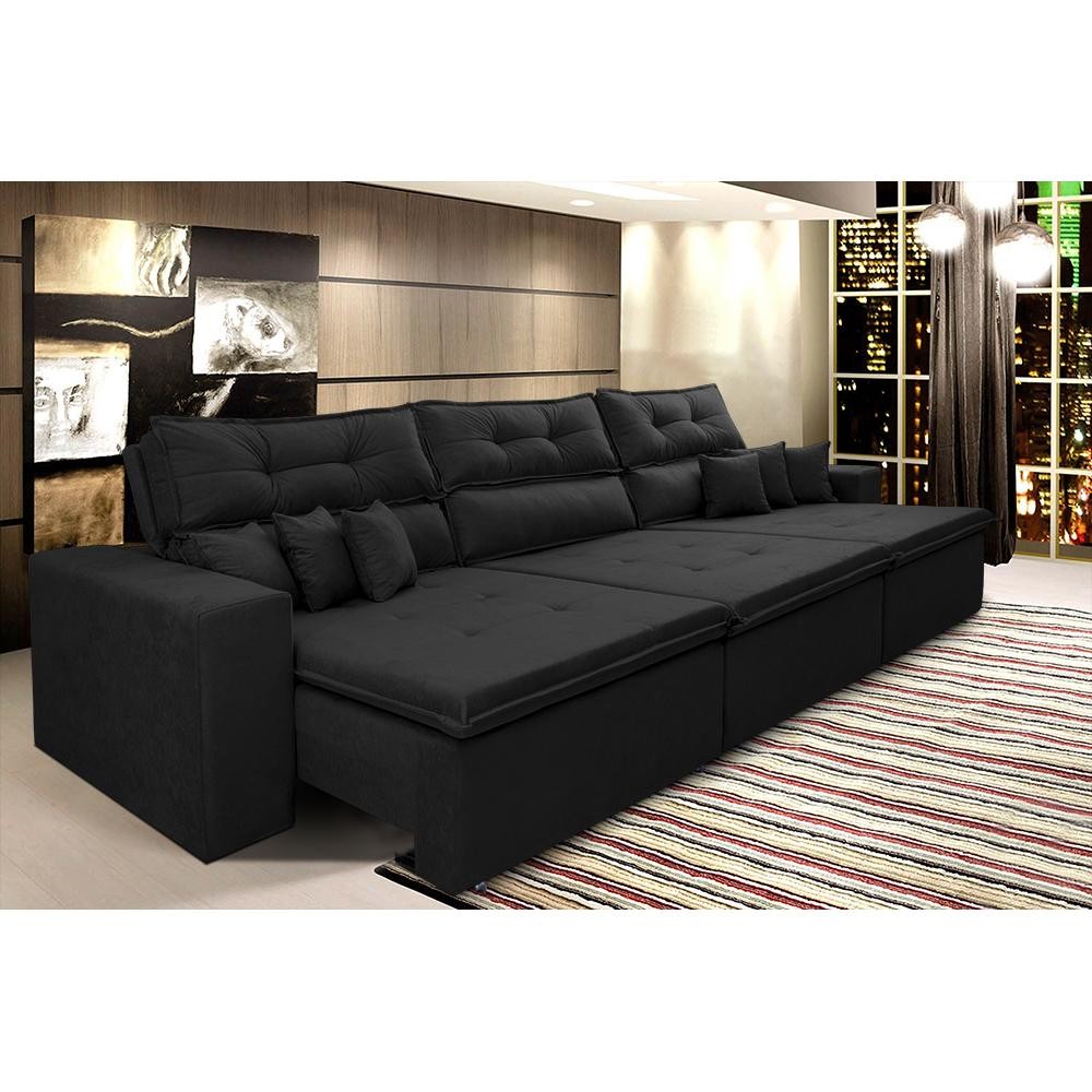 Sofá Cairo 3,52m Retrátil, Reclinável Tecido Suede Preto - Home & Living