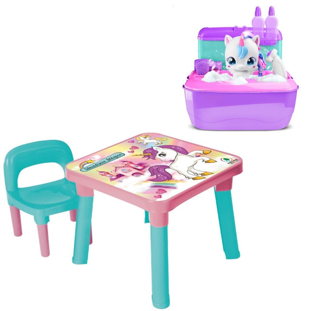 Mesa Cadeira Infantil Unicórnio + Maleta Unicórnio Pet Banho
