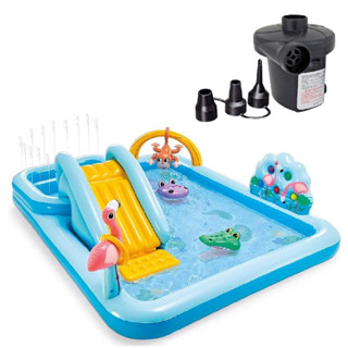 PISCINA INFLÁVEL PLAYGROUND INTEX AVENTURA NA FLORESTA 493L + BOMBA ELÉTRICA em Oferta na Shopee