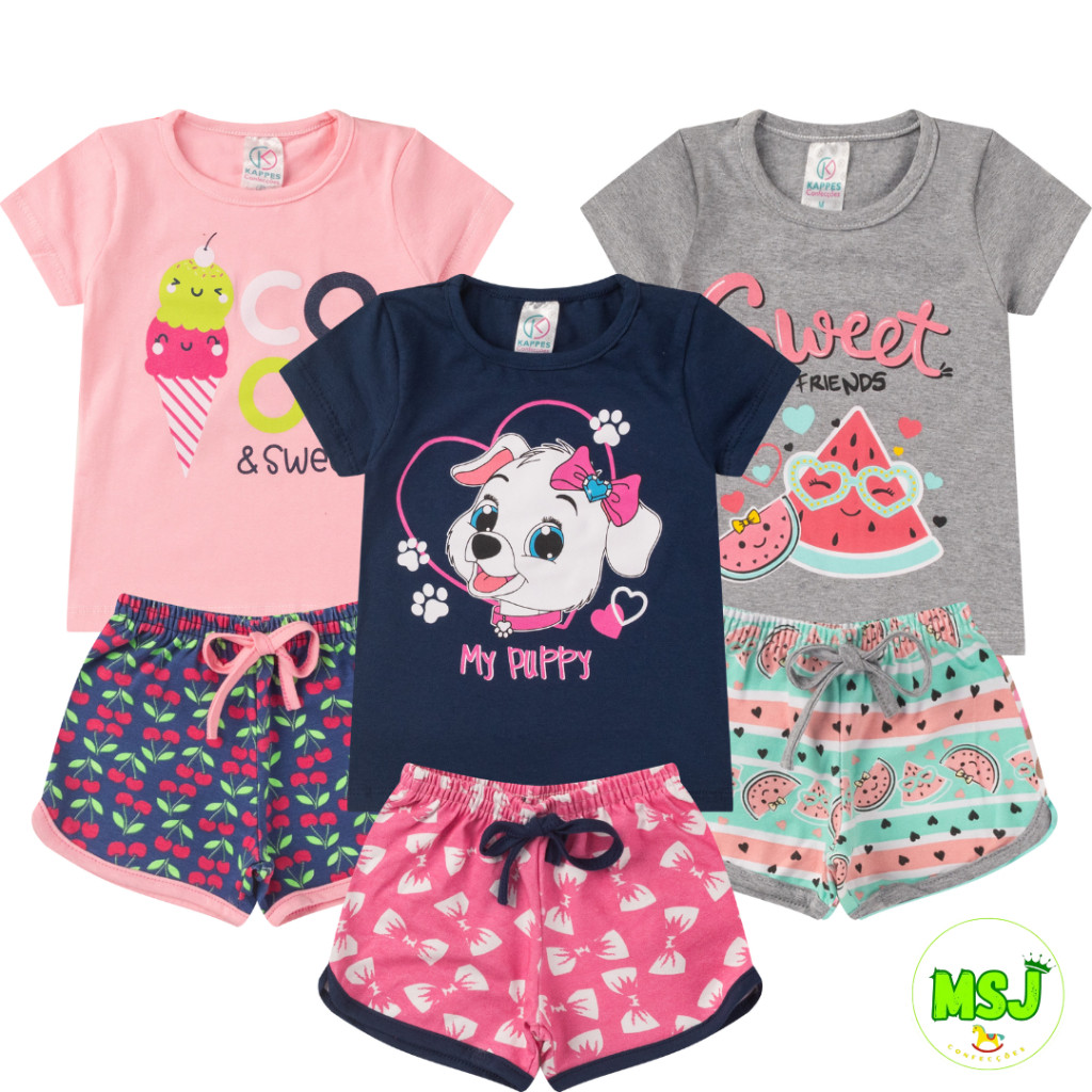 Kit 6 peças de Roupa Infantil Menina Feminino 1a14 Anos Blusa + Short Confortável Soltinha Menina Primavera Verão Algodão