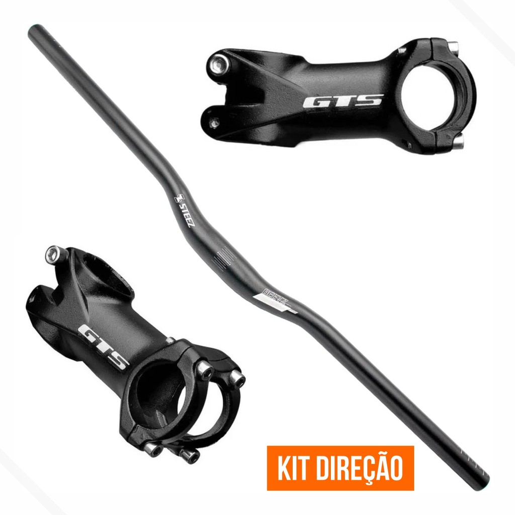 Kit Guidão Bicicleta MTB Alumínio Curvo 31.8x700mm c/Suporte Mesa Preto GTS