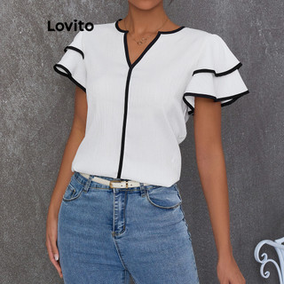 Lovito Blusa elegante de tecido liso com babados e costura para mulheres LBL16646 em Oferta na Shopee