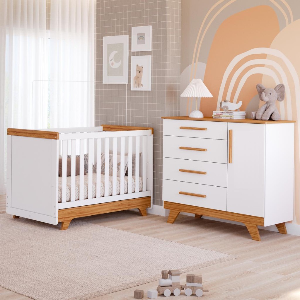 Quarto Bebê Completo Berço Mini Cama E Cômoda Retrô 100% MDF - Mom & Baby