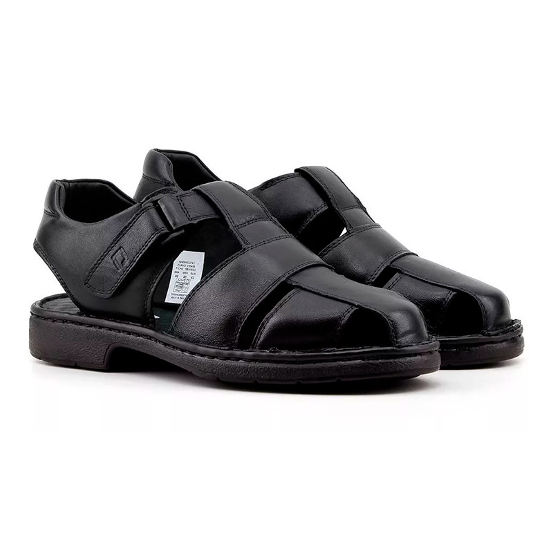 Sandália Masculina Casual Pipper Preto Em Couro Pelica Adulto Confortável Original 54606