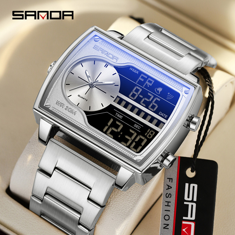 Sanda Novo Mostrador Grande Display Duplo Multi Cinta Na Moda Temperamento De Negócios Relógio Masculino Elegante SD6163-19