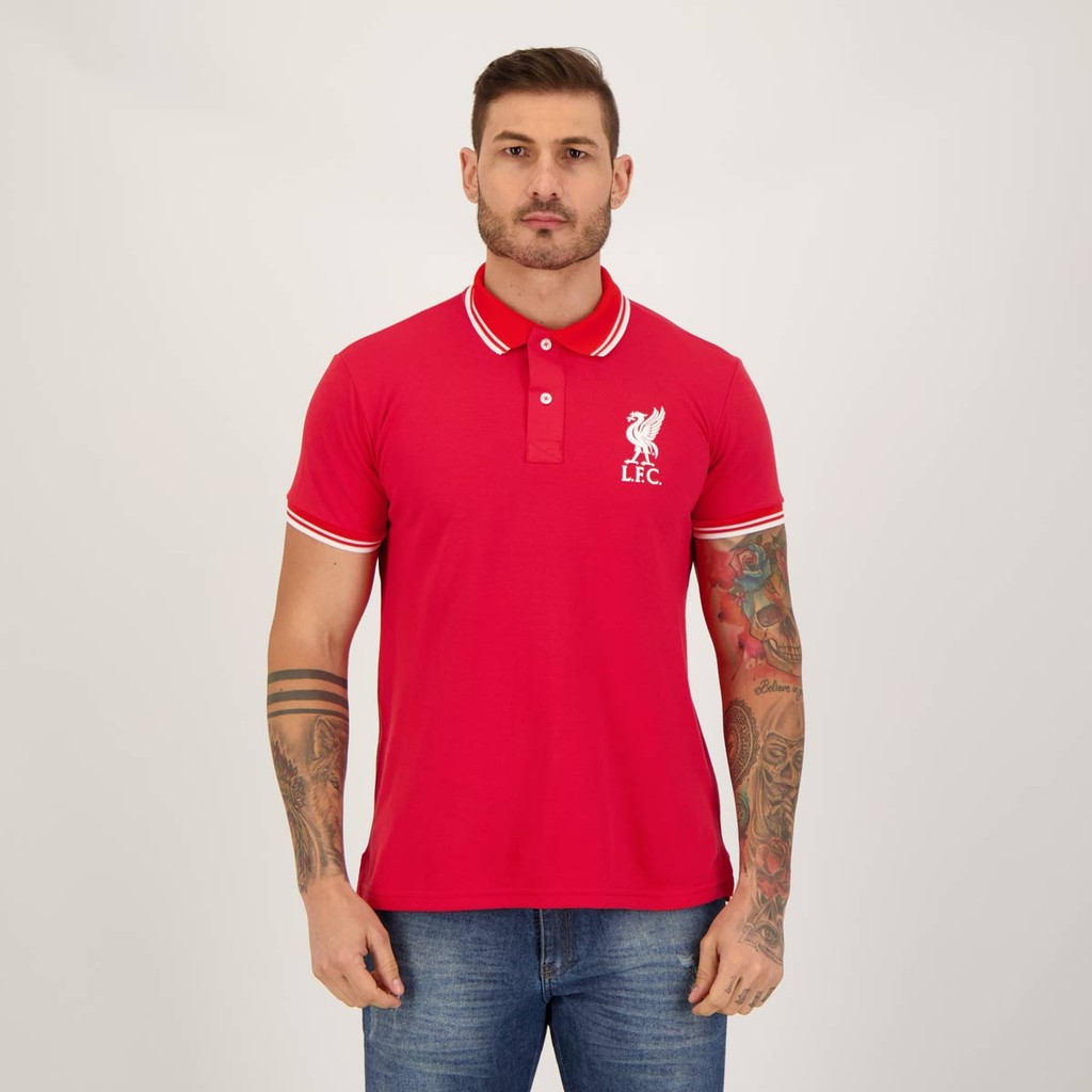 Polo Liverpool Piquet Vermelha e Branca em Oferta na Shopee
