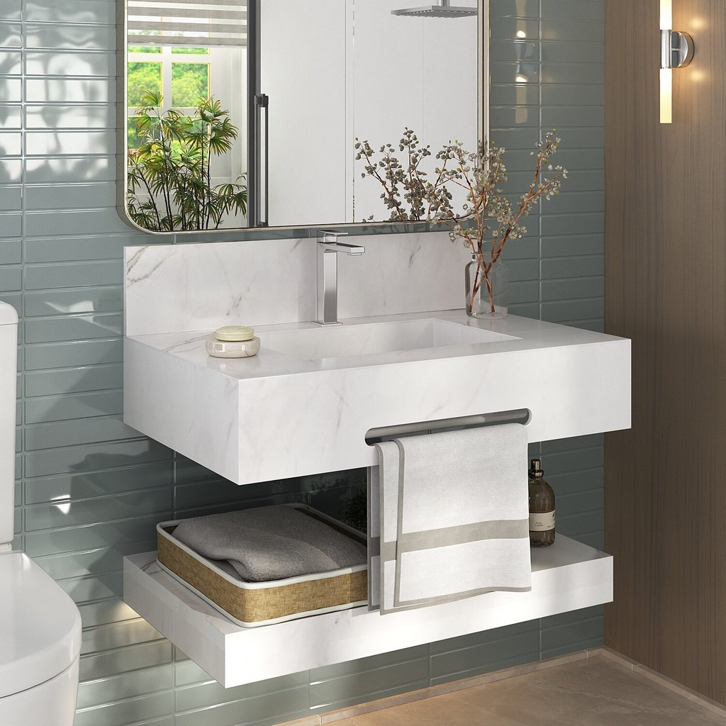 Bancada de Porcelanato para Banheiro com Toalheiro e Cuba Esculpida 70cm Ripy Calacata - Home & Living