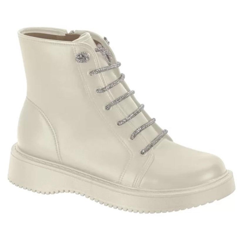 Bota Coturno Feminina Moleca Branco Off Super Confortável Cadarço Brilhoso Moderno Solado Tratorado