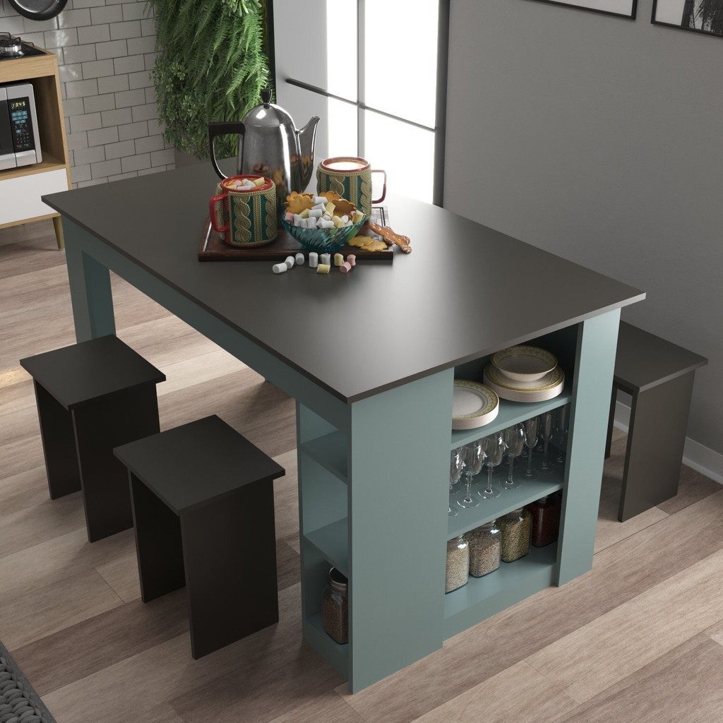 Mesa 140 Cm com 4 Banquetas e Prateleira Esmeralda em Oferta na Shopee