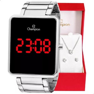 Kit Relógio Feminino Champion Digital Prata Colar e Brincos Gift Aniversário Tendência CH40086T em Oferta na Shopee