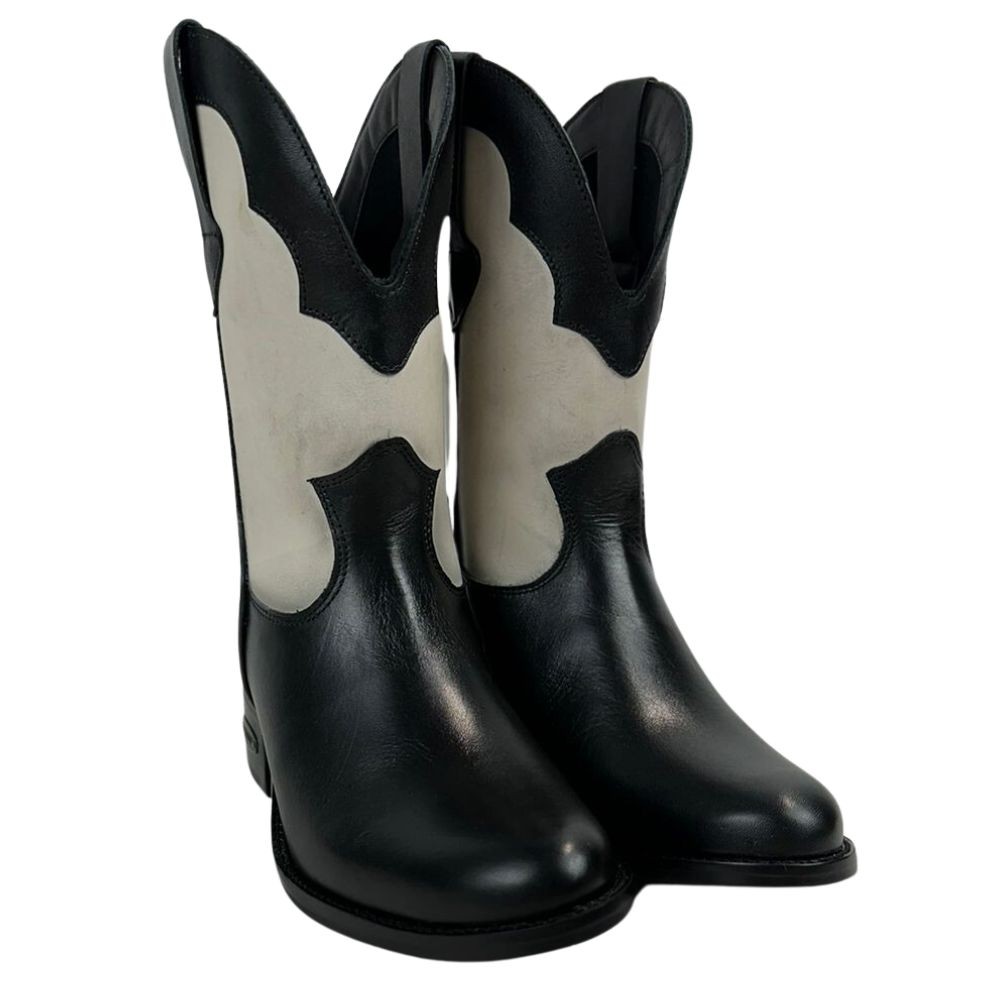 Bota Texana Feminina Capelli Boots Preta E Branca Cano Médio Country Bico Redondo Com Puxadores Laterais