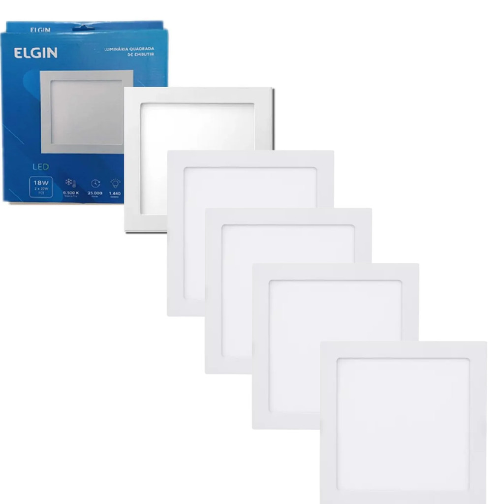 Kit 5 Painel Plafon Led Embutir Quadrado 18W 6500K Elgin