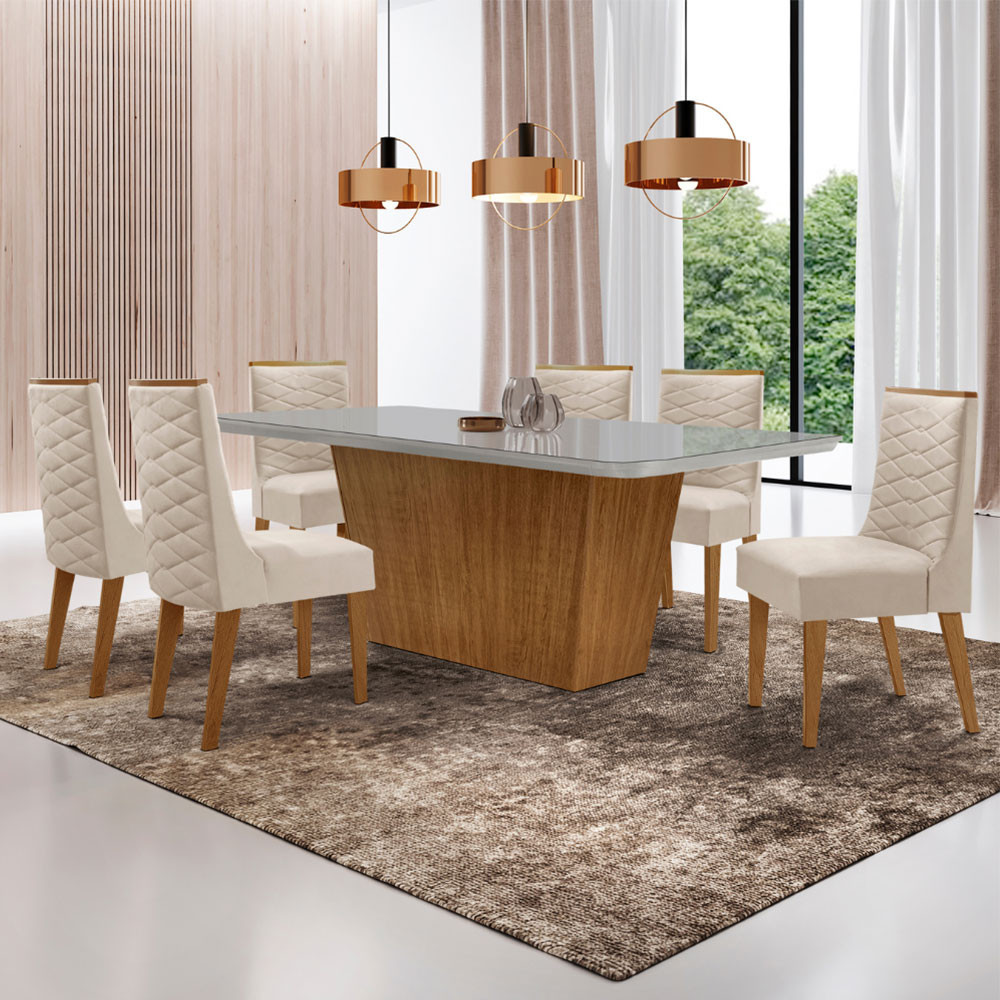 Mesa para Sala de Jantar Aida 180cm MDF Canto Copo com Vidro e 6 Cadeiras Safira Moderna Mobília
