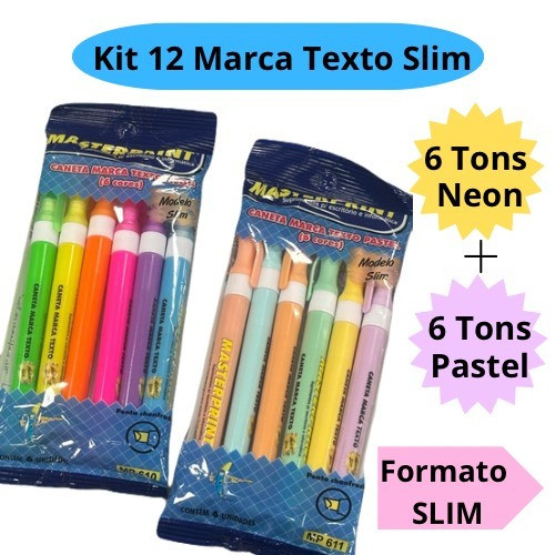 Kit 12 Caneta Marca Texto Slim (6 Neon + 6 pastel) Escolar Infantil Diversas Cores Masterprint