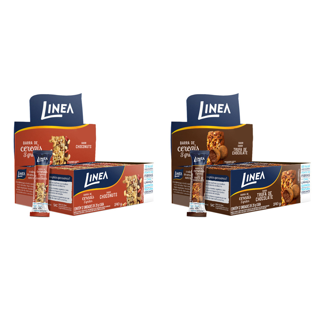 Kit 2 Caixas de Barra de Cereal 3 Grãos Integrais Linea Sabor Trufa de Chocolate e Choconuts 12 unidades de 20g - Food & Beverages