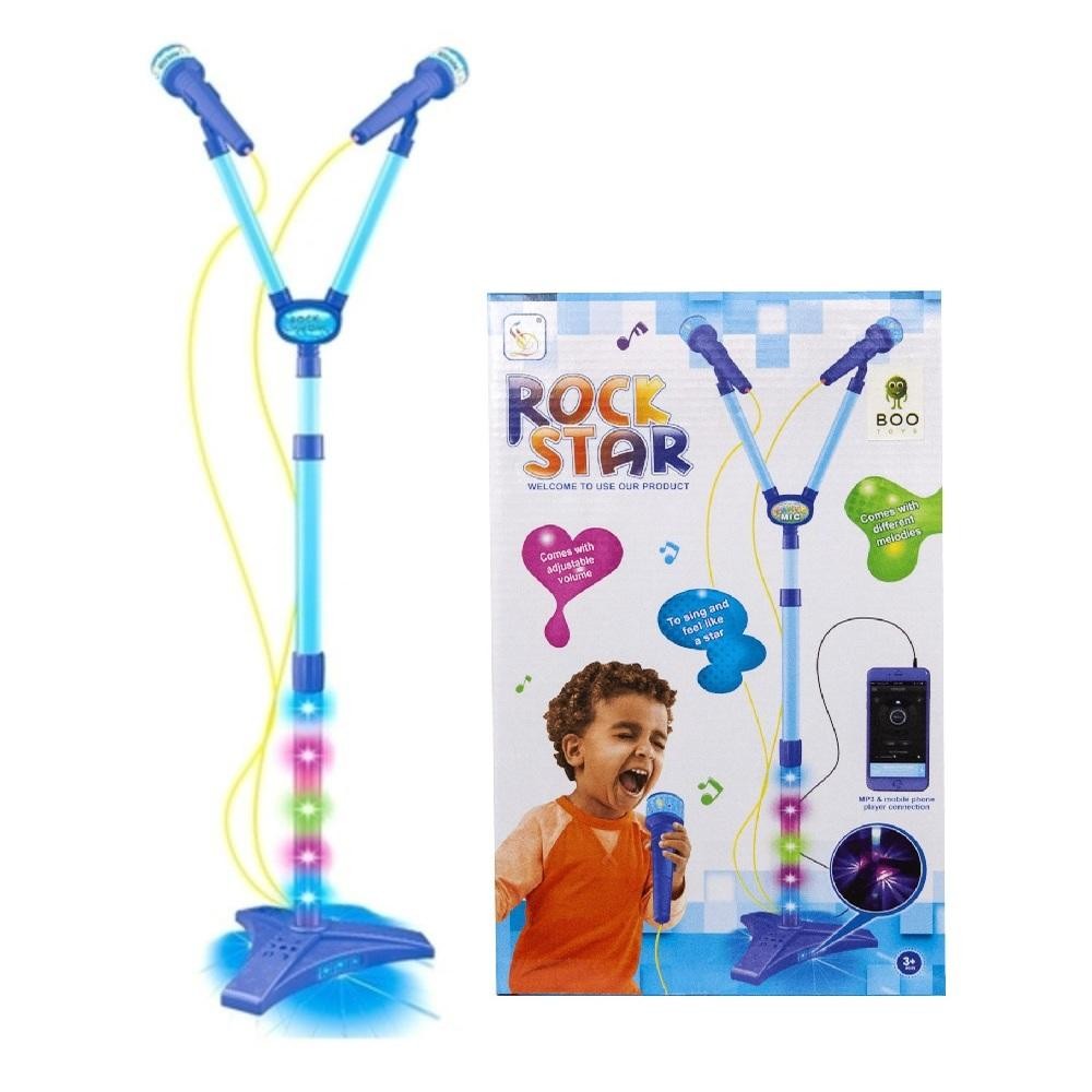 MICROFONE INFANTIL DUPLO PEDESTAL KARAOKE ROCK STAR AMPLIFICADOR MUSICAL CONECTA CELULAR MP3 LUZ AZUL
