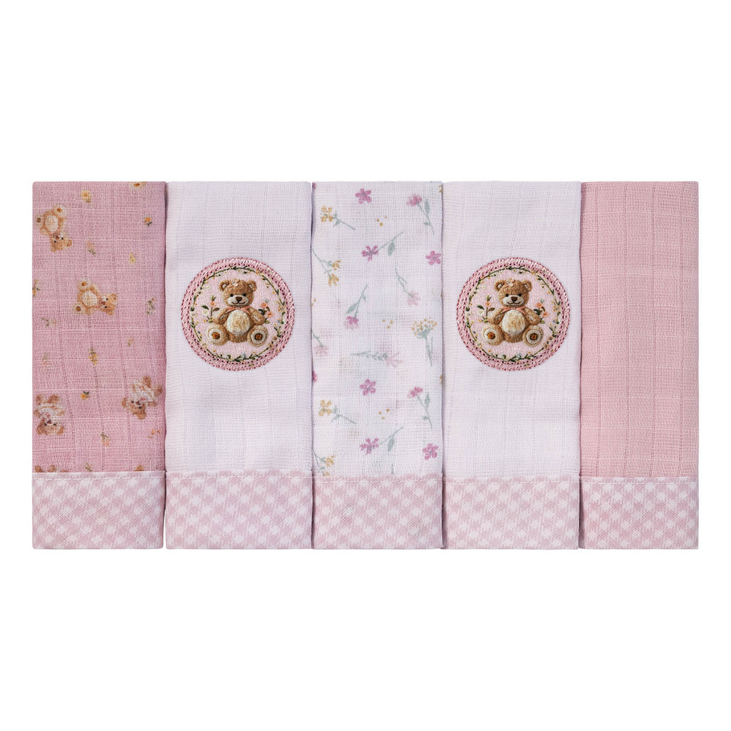 Pano de Boca  Bordado para Bebê 05 Unidades Baby Joy Fábula