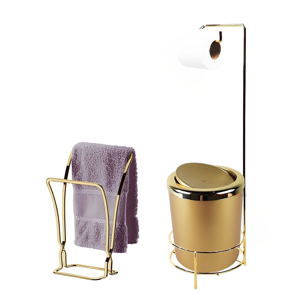 Kit Suporte Porta Papel Higiênico Lixeira 5 Litros Tampa Basculante Redonda Toalheiro Duplo Dourado Banheiro - Rotaplast