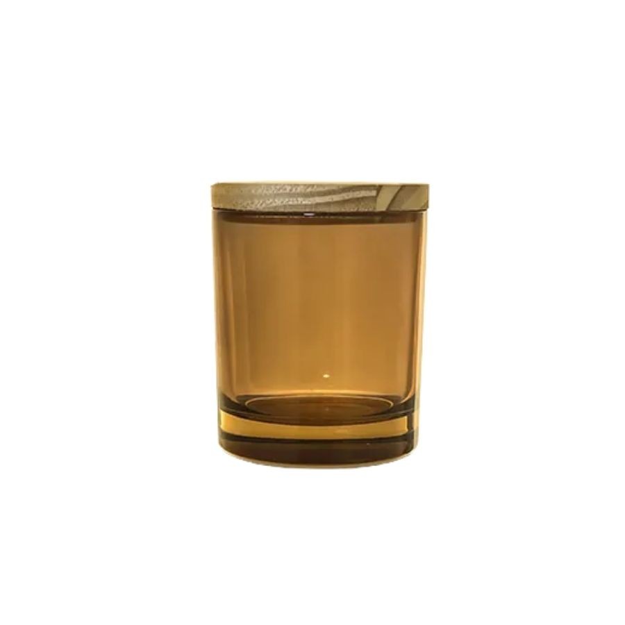 Pote De Vidro Âmbar Redondo Para Vela Com Tampa De Madeira - 300ml - 1 unidade - Rizzo