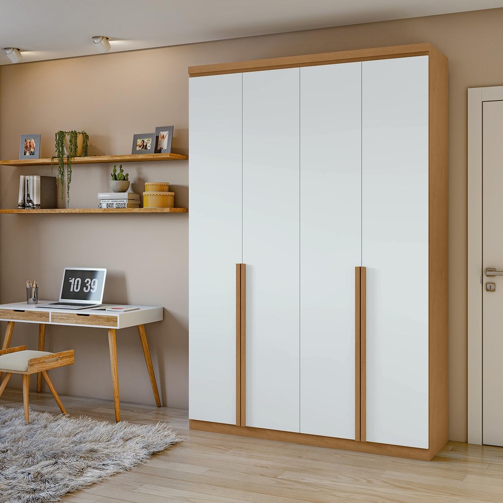 Guarda-Roupa Solteiro 100%MDF Alonzo 4 portas Amendoa/Branco em Oferta na Shopee