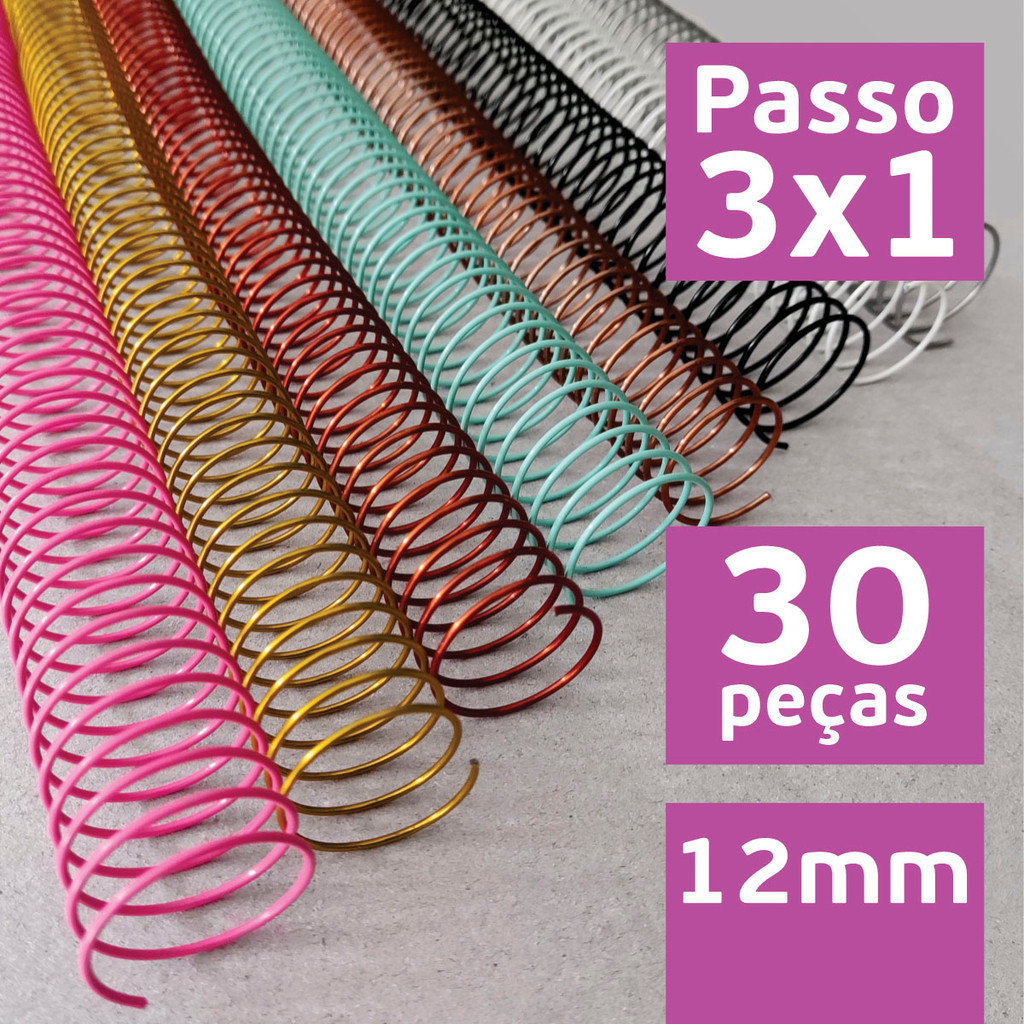 Espiral Metálico Passo 3x1 12mm A4 P/ 70 Folhas Pacote c/30