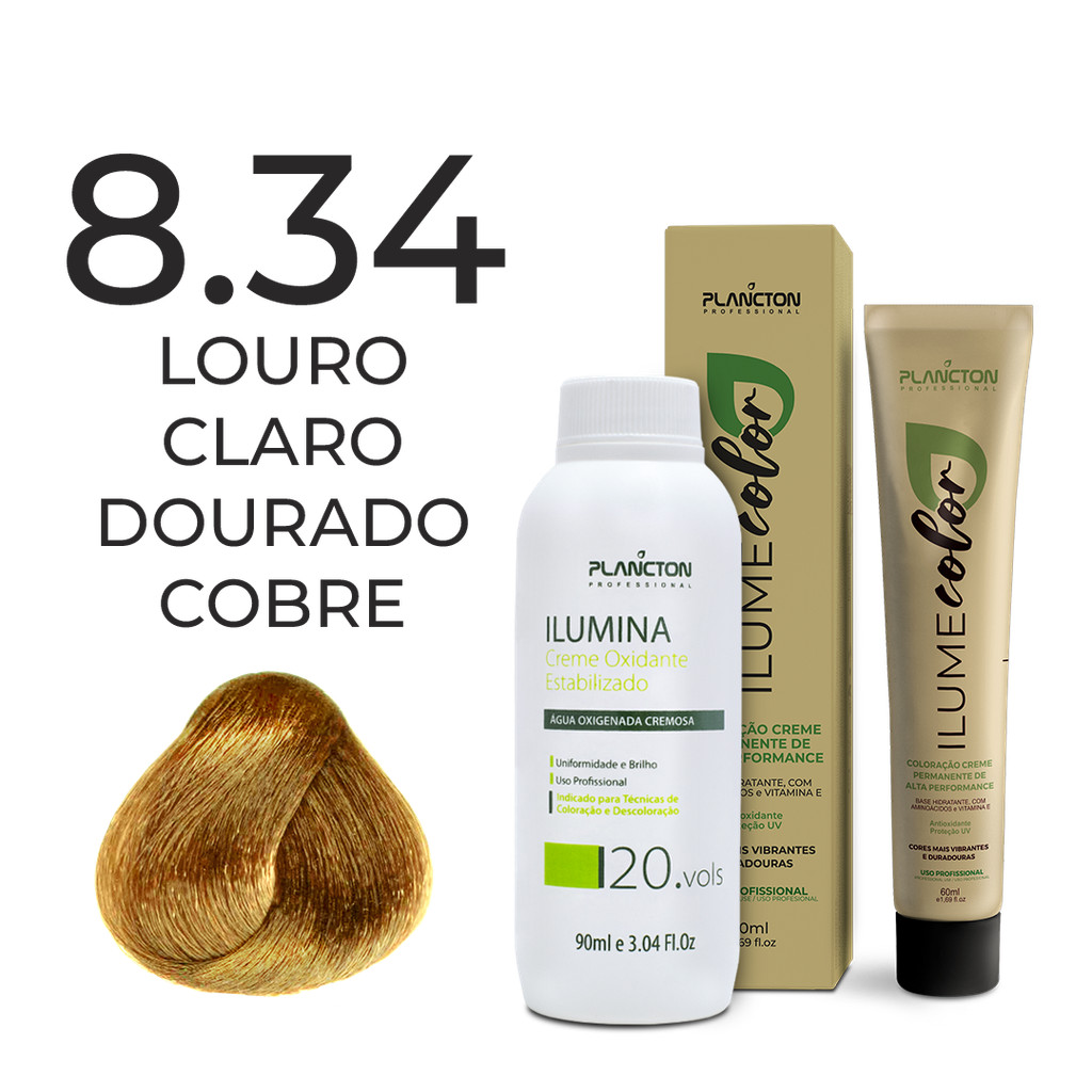 KIT ILUME COLOR PLANCTON - 8.34 LOURO CLARO DOURADO COBRE + OX ILUMINA 20V