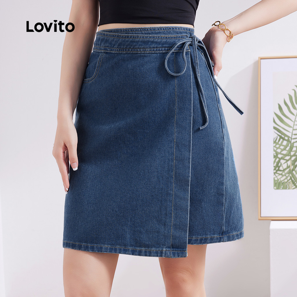 Detalhes do (Trendy) Lovito Casual Liso Envoltório Rendas Até Verão Primavera Azul Saias Jeans Para Mulheres L132ED594
