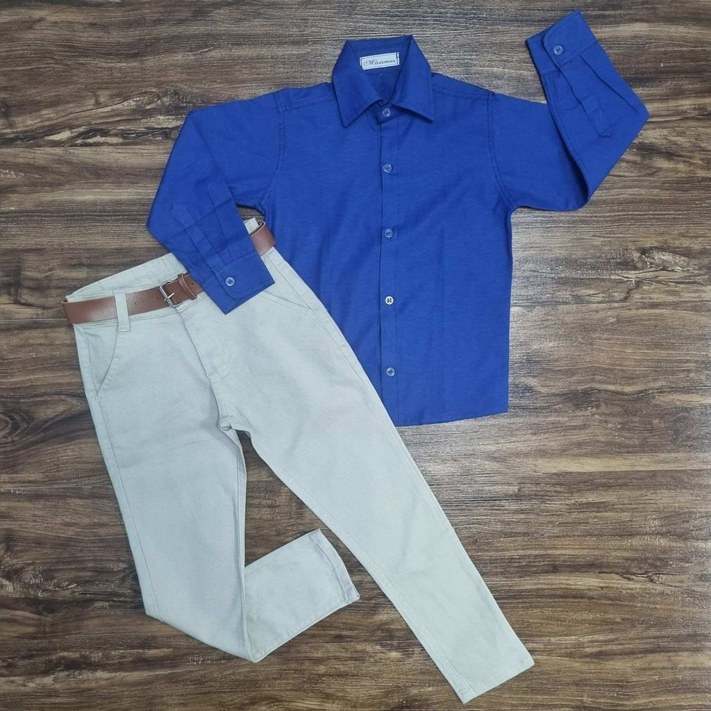 Calça Jeans Nude com Camisa Social Azul Royal Manga Longa Infantil