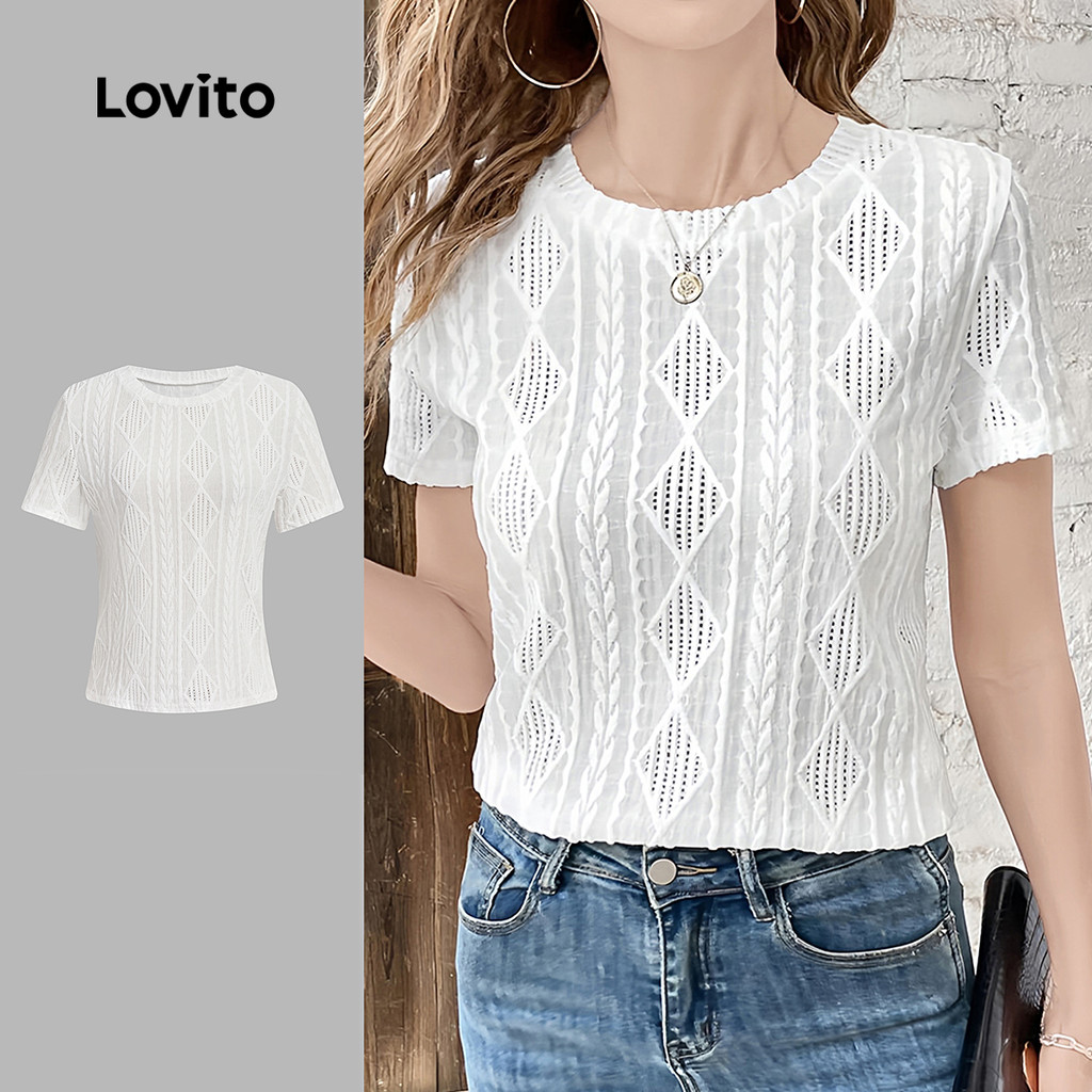 Lovito -  Camiseta Casual Clássica e Versátil de Jacquard Primavera/verão Tshirt Branca para Mulher L137ED263 - Women Clothes