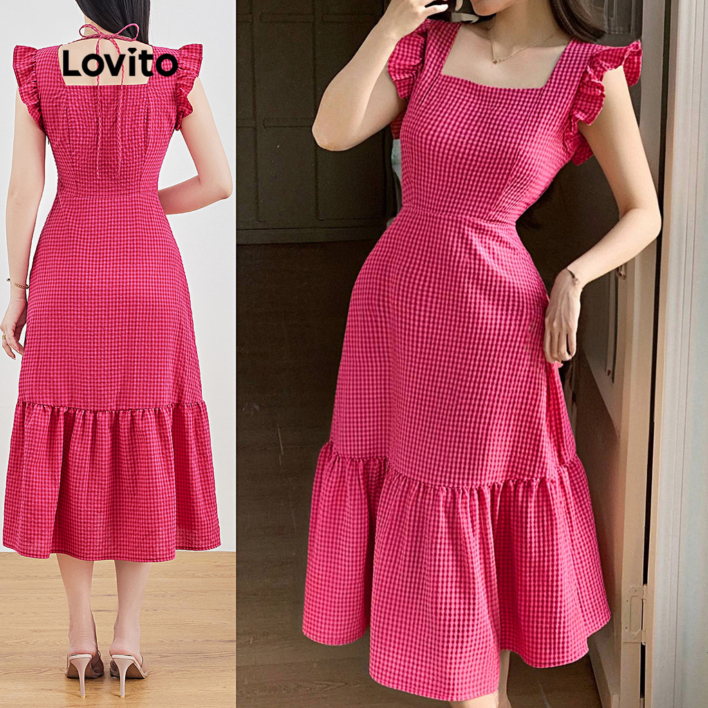 Lovito -  Vestido Elegante com Laço Nas Costas e Babados Na Barra Primavera/verão Vermelho Rosado L137LD144 - Women Clothes