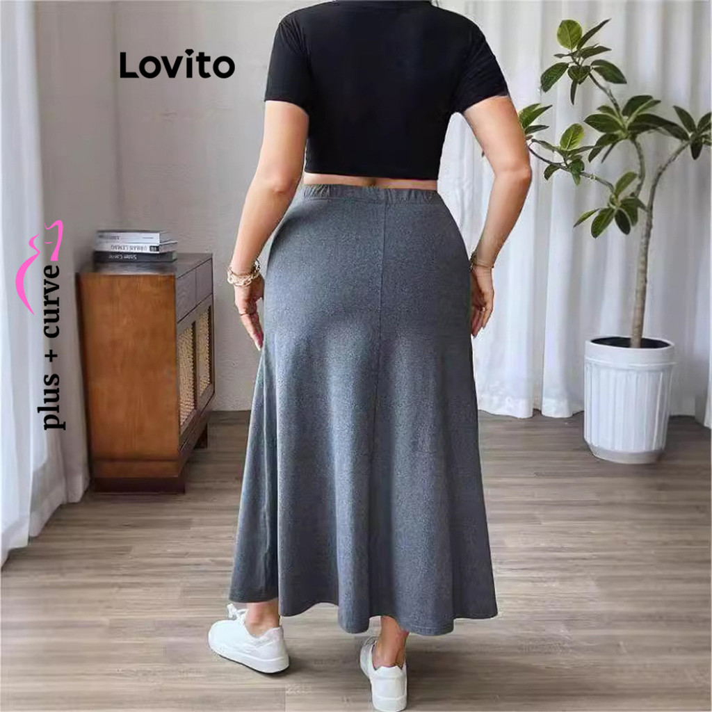 (Trendy) Lovito Saia Plus Size Curva Casual Com Babados Lisos E Bainha Primavera E Verão Para Mulheres LMD81136 - Women Clothes