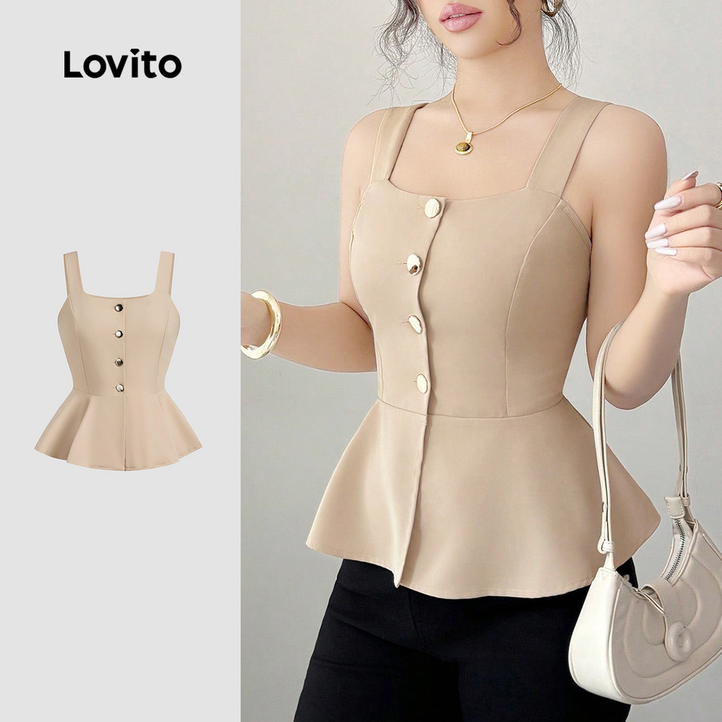 Lovito Camisa Casual com Botão Superior Leve e Confortável para Primavera/verão Cor Cáqui clara L138ED145 em Oferta na Shopee