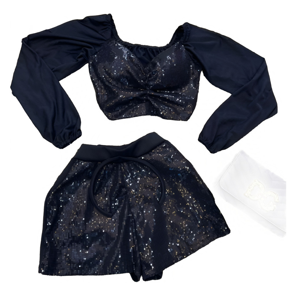 Conjunto Cropped Princesa  Bufante Paetê + Short Paetê