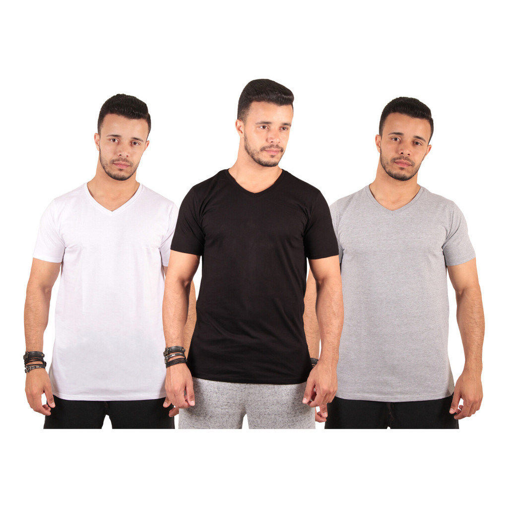 Kit 3 Camiseta Camisa Masculina Gola V Blusa Slim Algodão