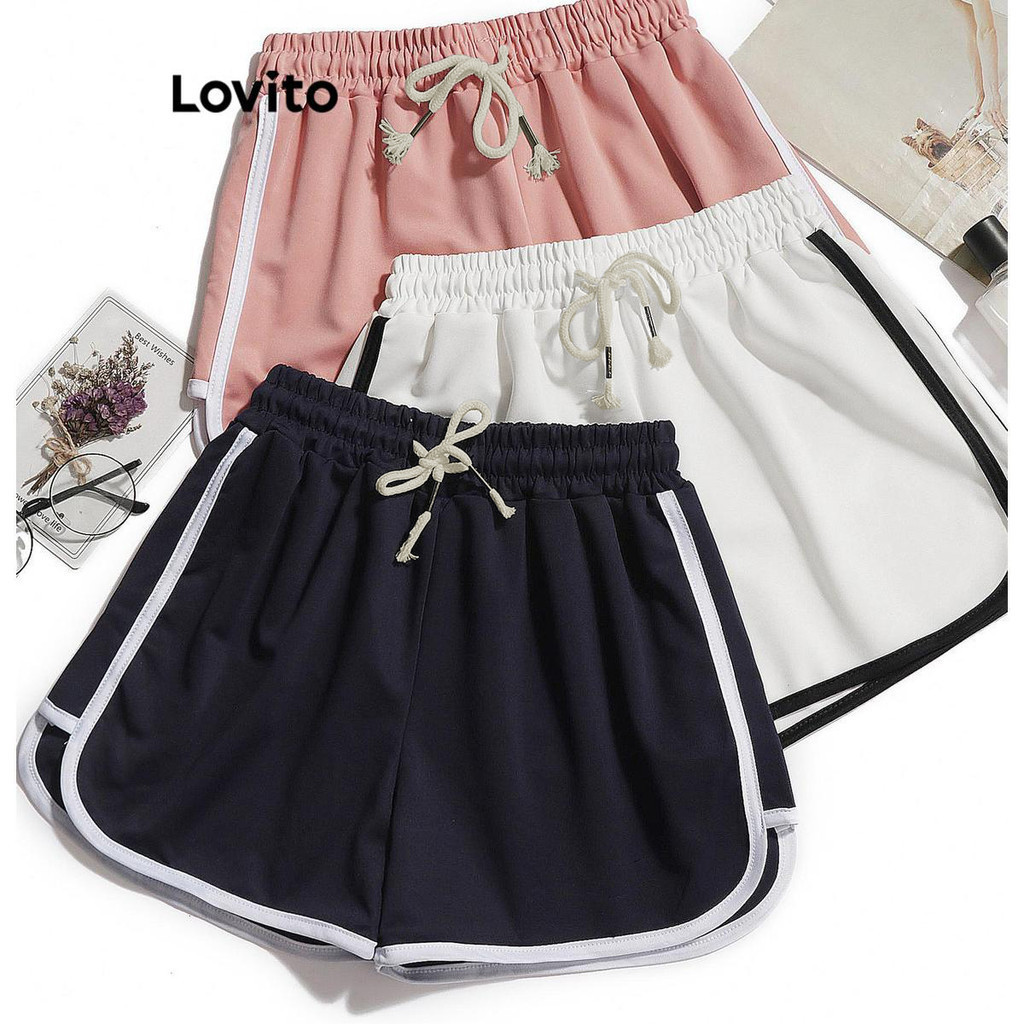 (Trendy) Lovito Shorts Esportivos Simples com Contraste de Costura para Mulheres LNL47151 - Sports & Outdoors