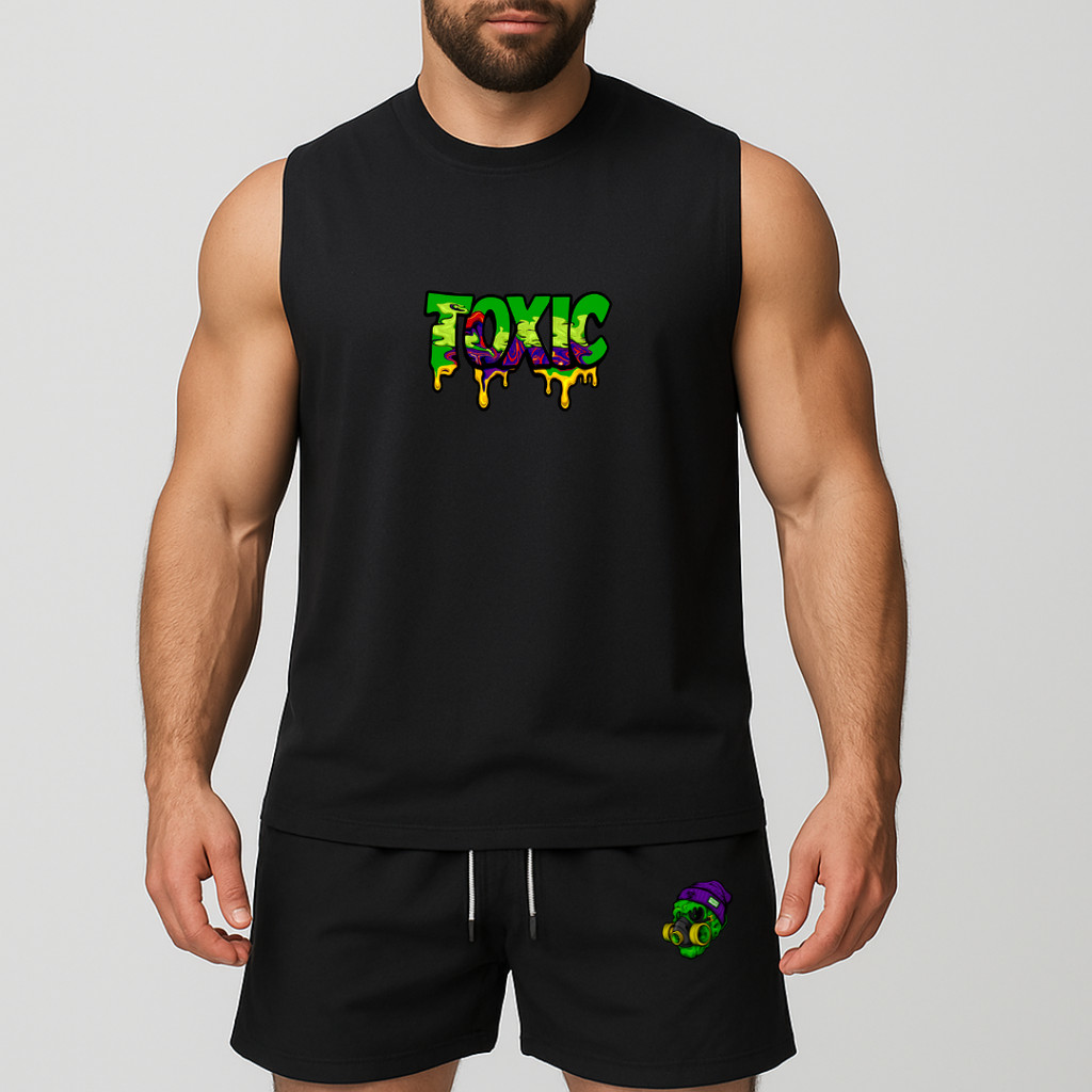 conjunto regata oversized e short de tactel de academia másculino estampada toxic caveira