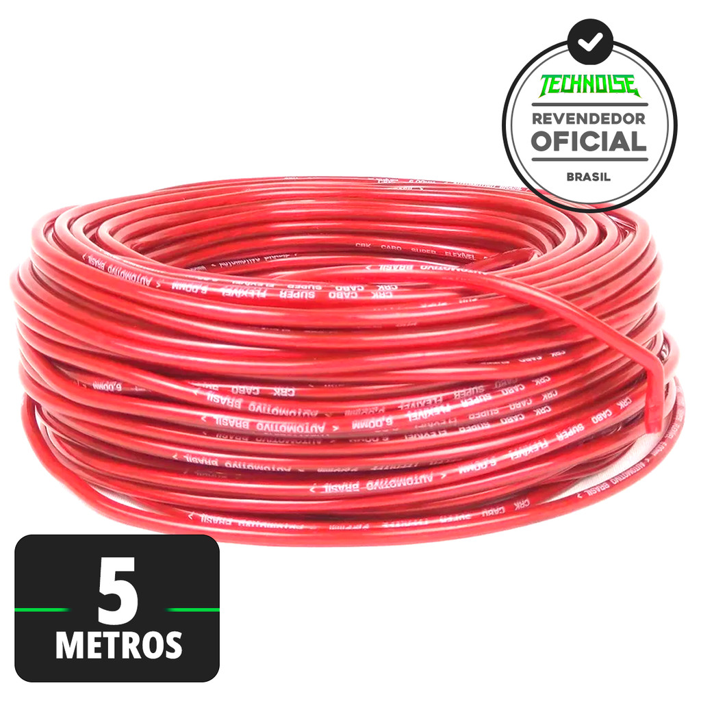 Cabo Bateria 6mm 5m 100% Cobre Automotivo Fio Alimentação Automotivo Para Alto falante Módulo Força CRK Technoise