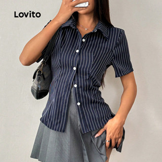 (Trendy) Lovito Blusa elegante listrada com botão frontal redondo para mulheres LBL23387 em Oferta na Shopee