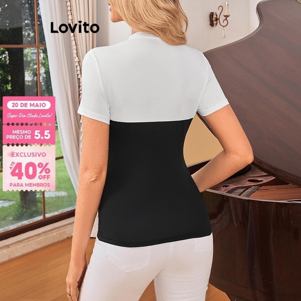 (Trendy) Lovito Blusa Elegante Com Costura Em Tecido Liso Blusa Redonda Para Mulheres LBL17049 - Women Clothes