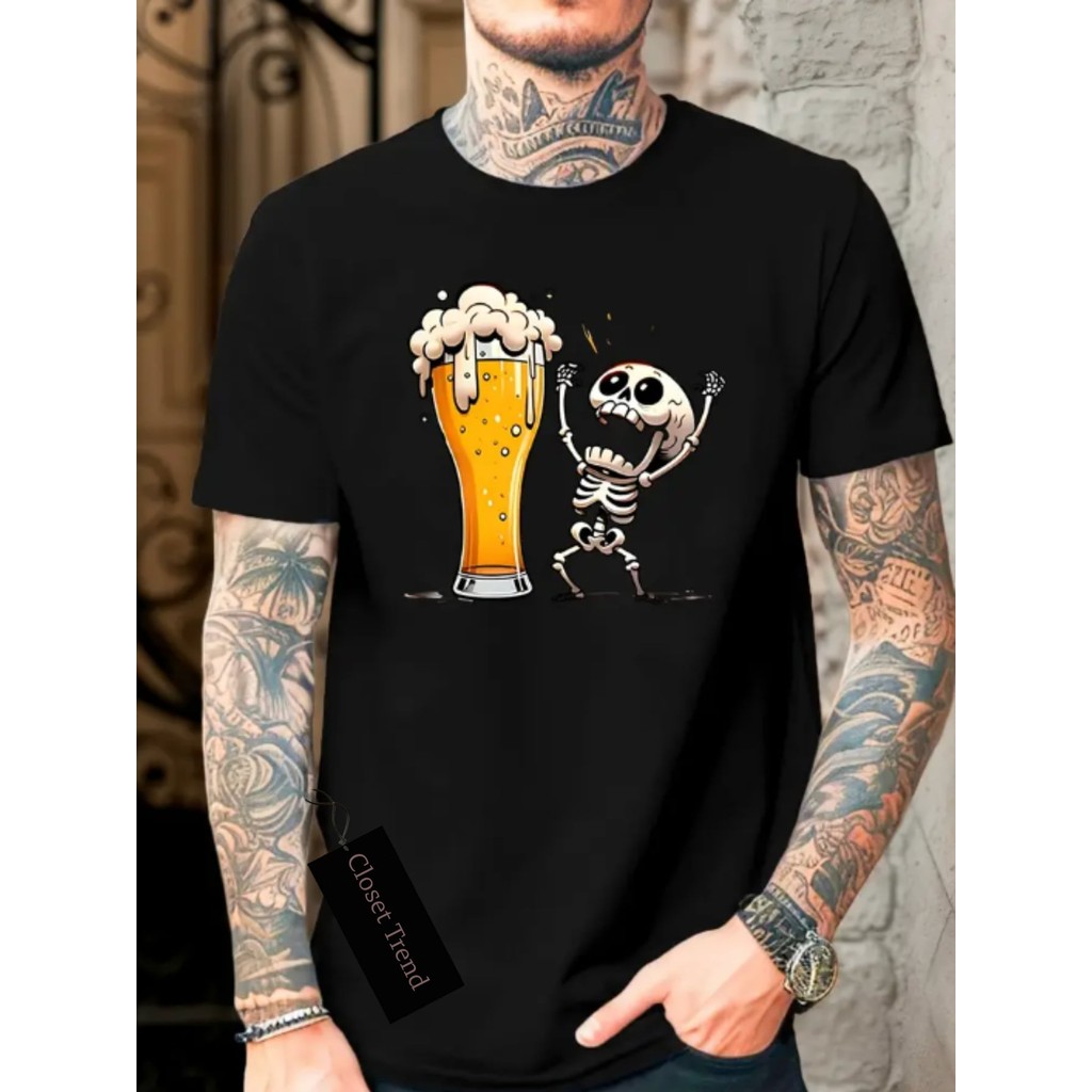 Camiseta Masculina 100% Algodão bebida cerveja e caveira camisa para homem academia malha macia