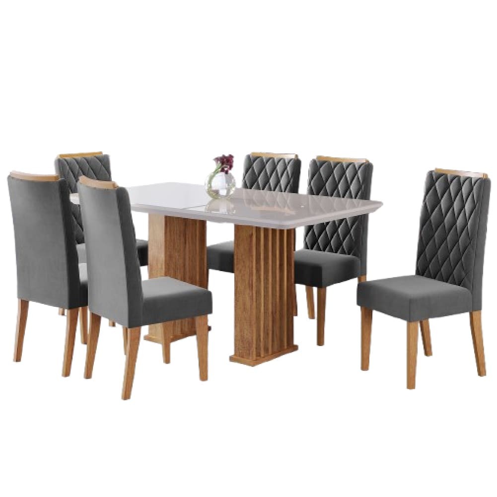 Conjunto de Mesa Sala de Jantar Ripada Tampo com Vidro Mond 1,60m 6 Cadeiras Bele Veludo