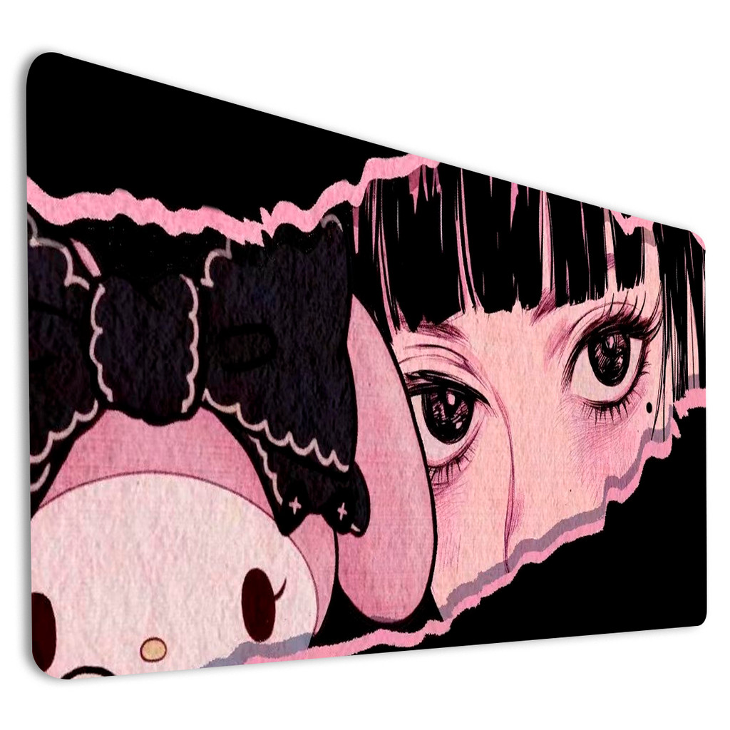 Mousepad Gamer Grande Estampa Anime Girl Gótica Rosa Preto Para Teclado PC
