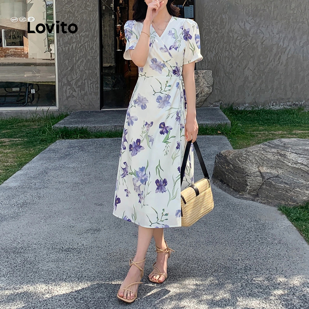 Detalhes do Lovito Vestido Elegante Assimétrico com Boa Textura para Primavera/verão Vestido Roxo para mulheres LBL26564