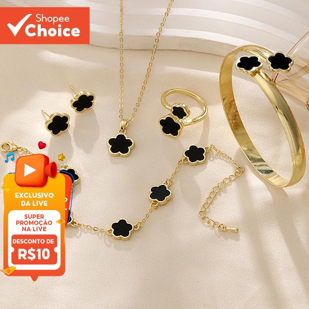 Conjunto De Colar De Cinco Flores Coreano 5 Peças Ouro Joias De Alta Qualidade Presente Pa...