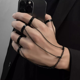 Punk Geométrico Preto Cor Link Corrente Pulseira De Pulso Anel Para Mulheres Masculino De Abertura Moda Jóias
