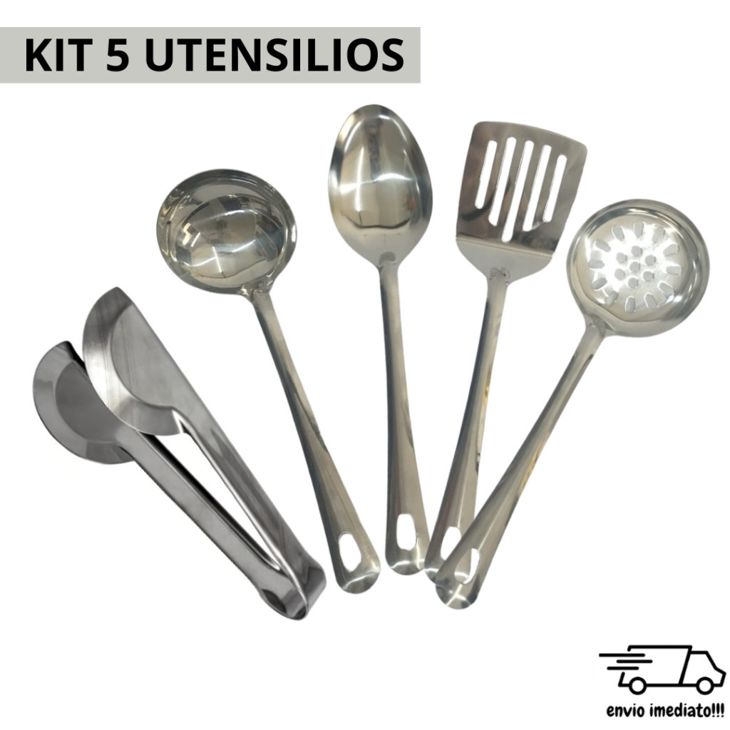 Kit 5 Peças Utilidades INOX para Cozinha Espatula Escumadeira Colher de Arroz Concha e Pegador Casa