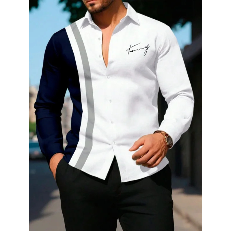 Camisa De Manga Comprida Masculina Estampada Listrada Verão Casual De Peito Único Praia Piscina Festa Moda