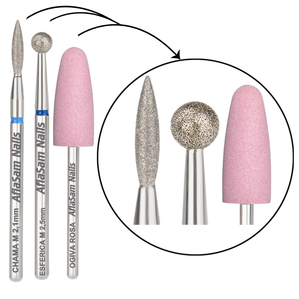 Broca Diamantada Chama Azul 2,1mm + Esférica Azul 2,5mm + Broca Polidora Ogiva Rosa Unhas em Oferta na Shopee